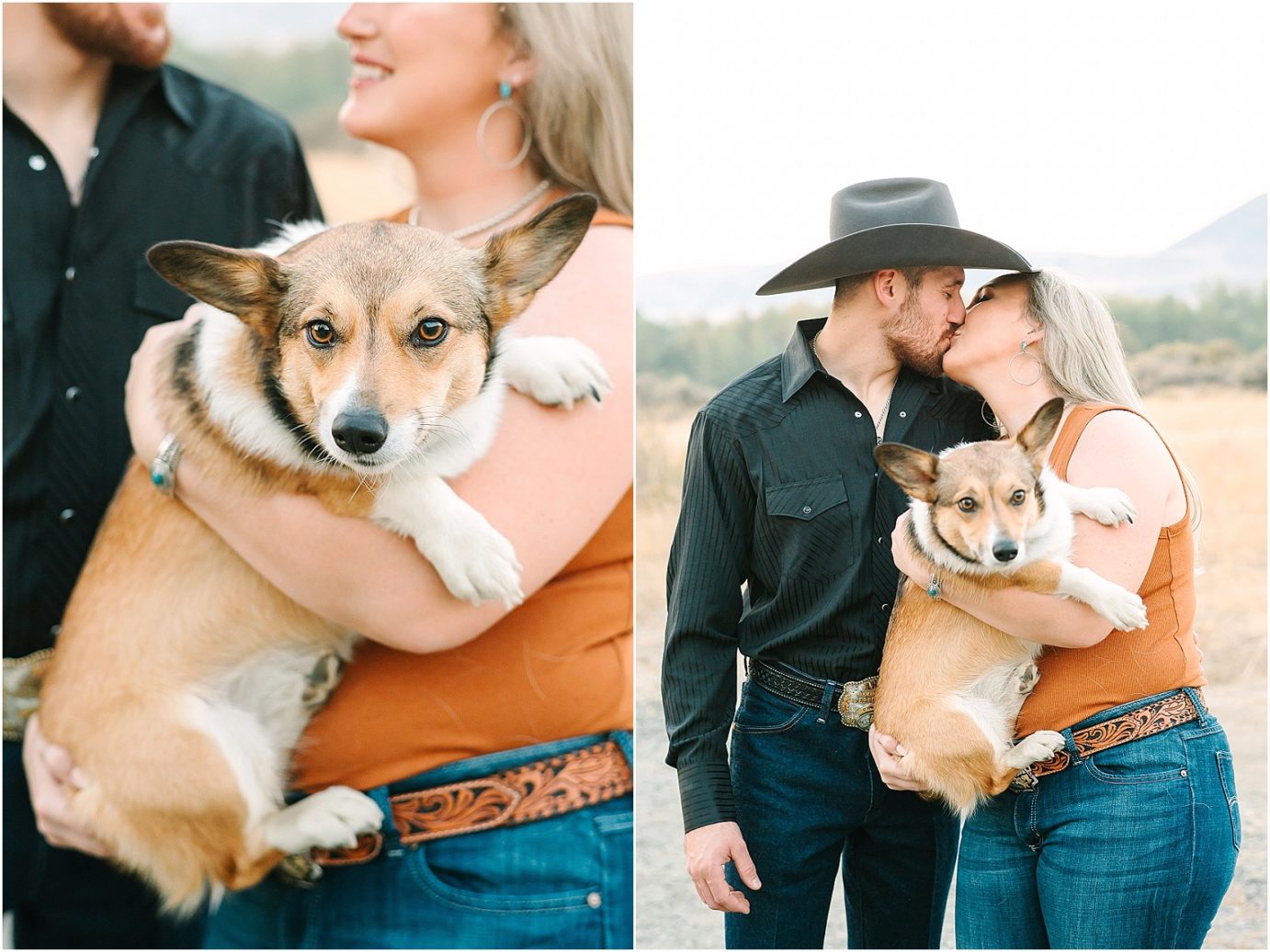 couple snuggling with their corgi in this engagement session in the desert