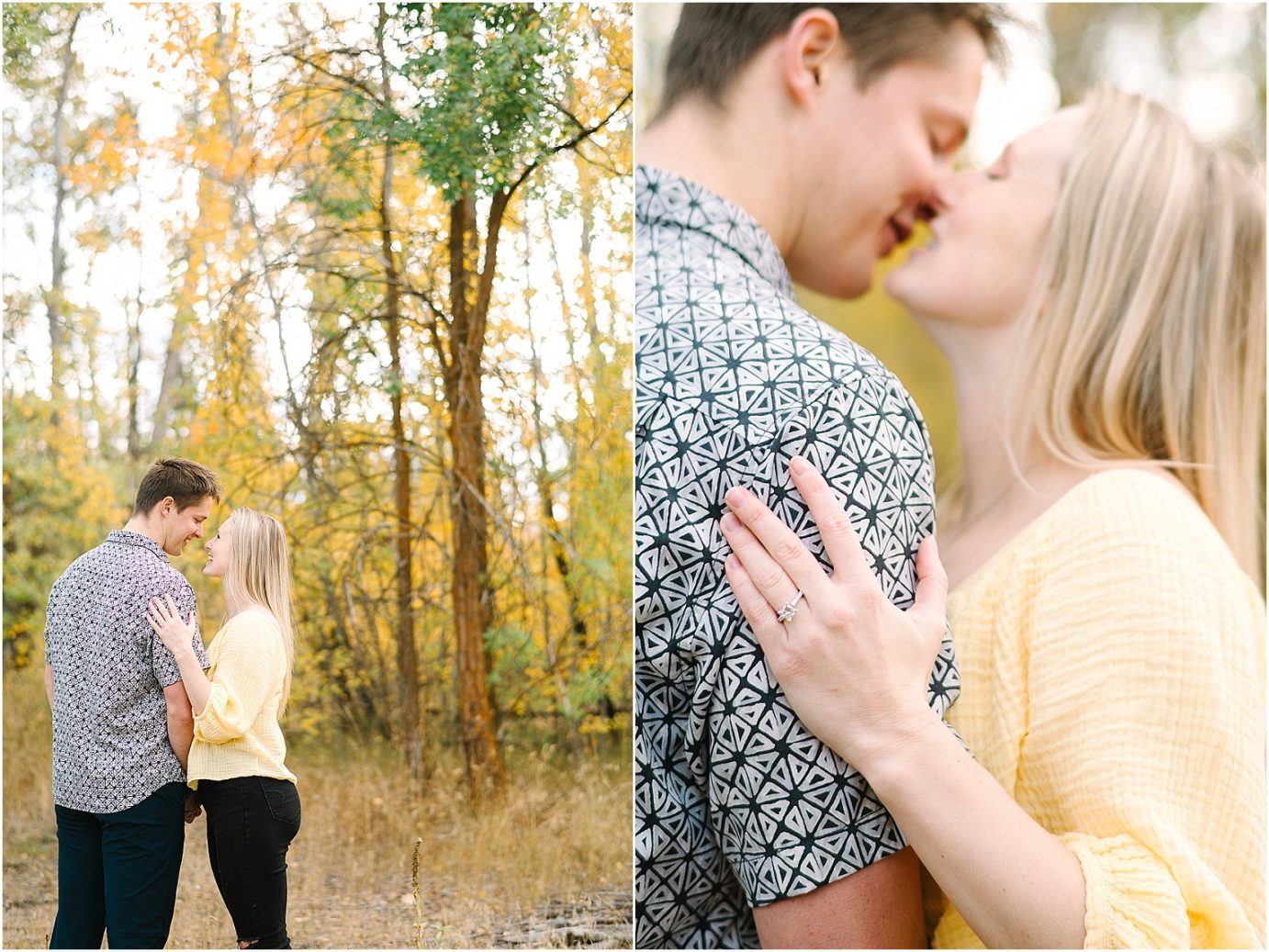 Joyful fall engagement session Cental WA Brad and Jasmine hugging in fall colored trees