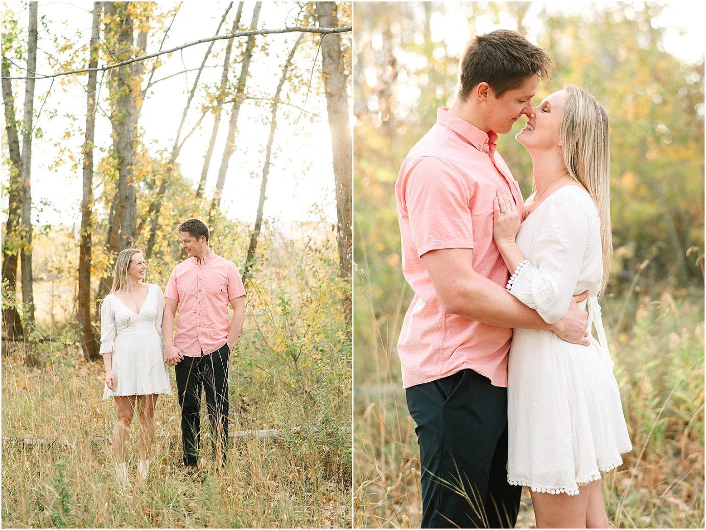 Joyful fall engagement session Cental WA Brad and Jasmine walking next to each other in trees