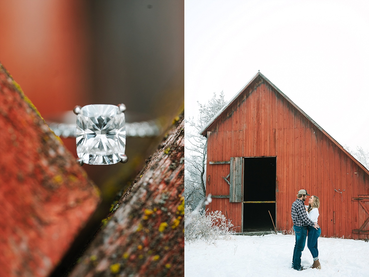 Snowy Ellensburg engagement session ring shot on the red barn