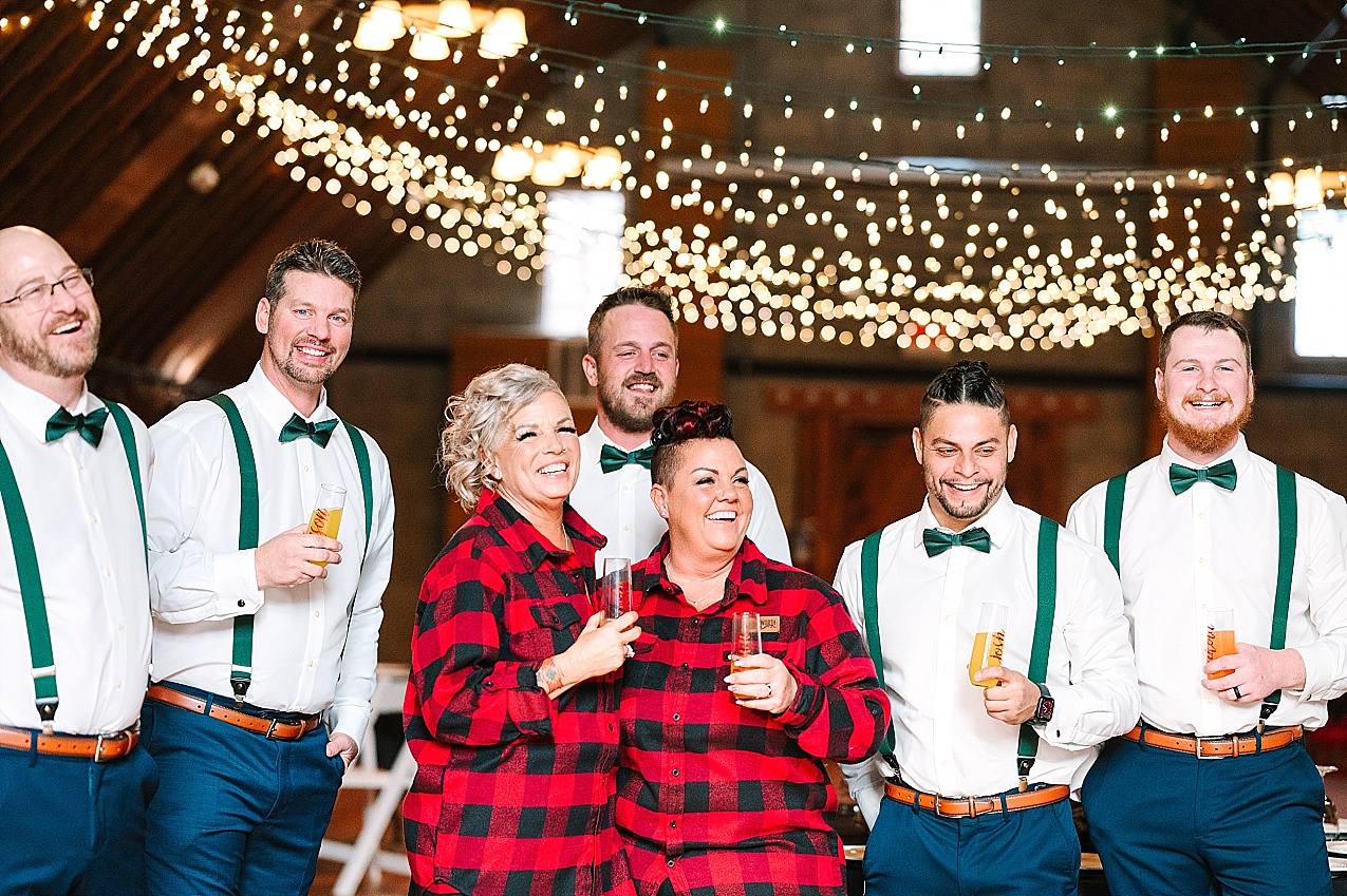 Wintery Pine River Ranch wedding brides with their bridal party