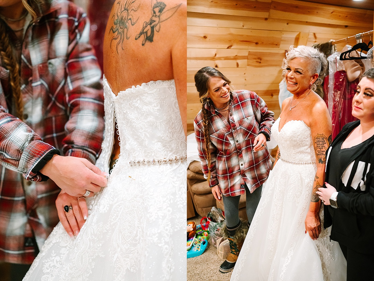 Wintery Pine River Ranch wedding brides getting into her dress