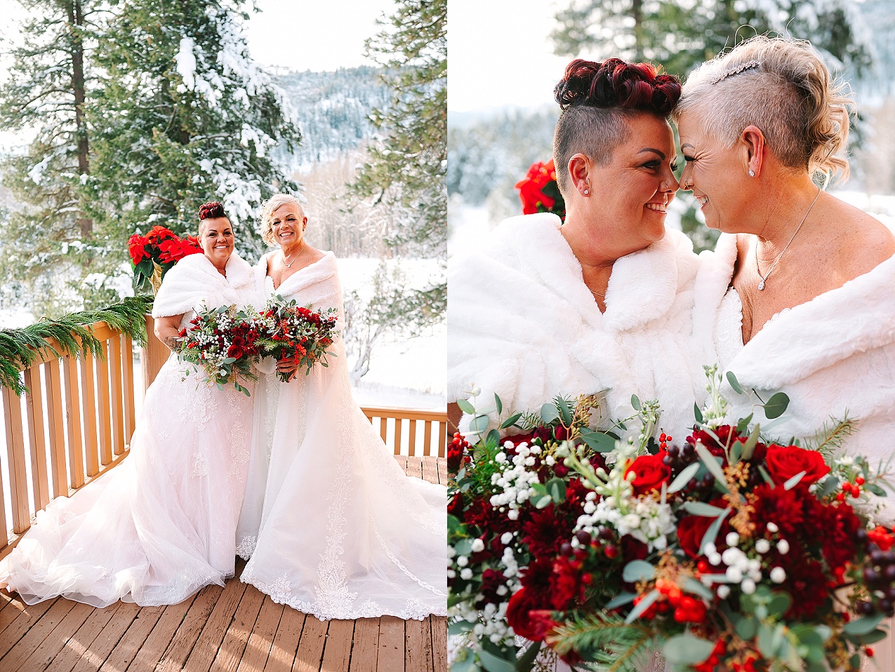 Wintery Pine River Ranch wedding bride and bride in dresses in the snow