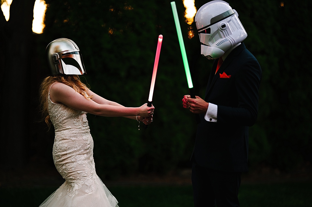 Creekstone Gardens Wedding Walla Walla bride and groom with light sabers