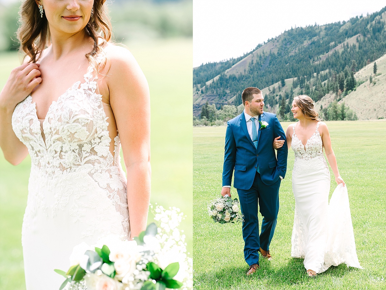 American Homestead Wedding Naches Photographer bride with white and green flowers