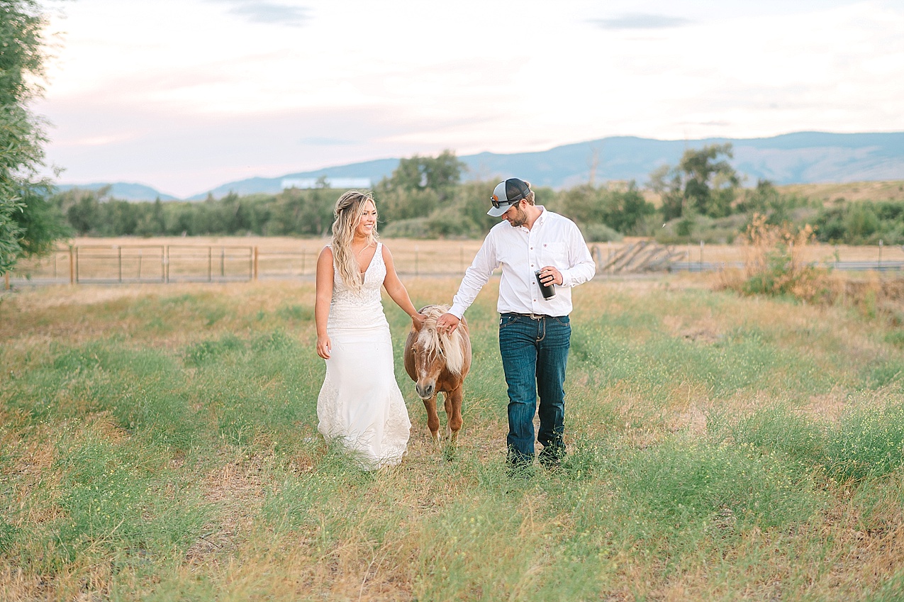 McIntosh Ranch Wedding Ellensburg WA Blake and Korteney bride and groom with pony in a field