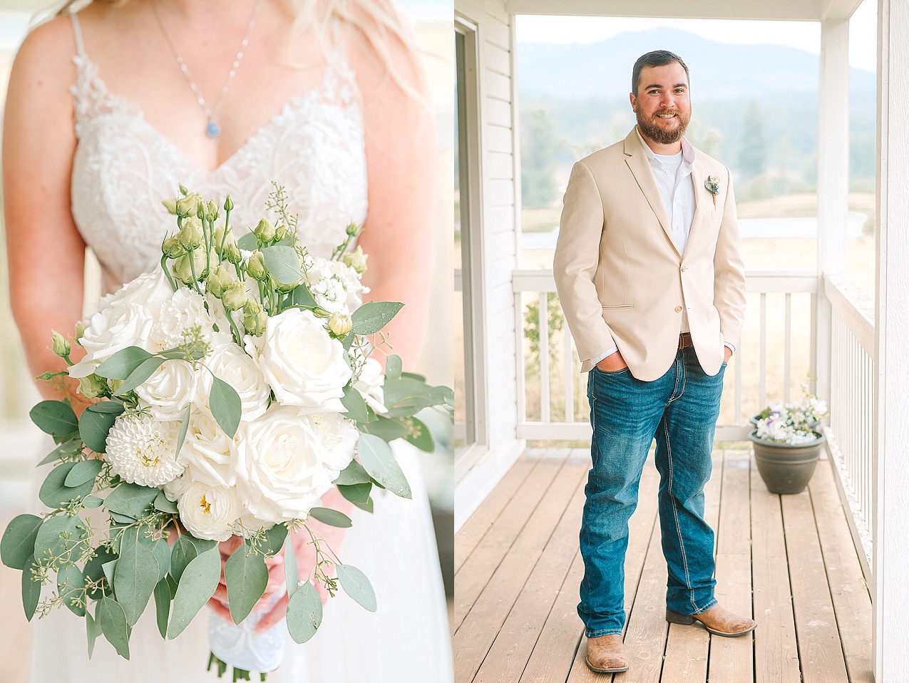 The Cattle Barn Wedding Ellensburg WA Andrew and Dani bride and groom portraits by farmhouse