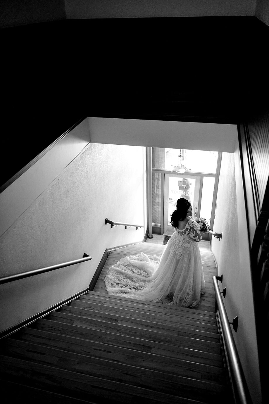 Barn at Blue Meadow Wedding Dayton WA Grant and Fiona bride in stairwell at the huntgate in walla walla