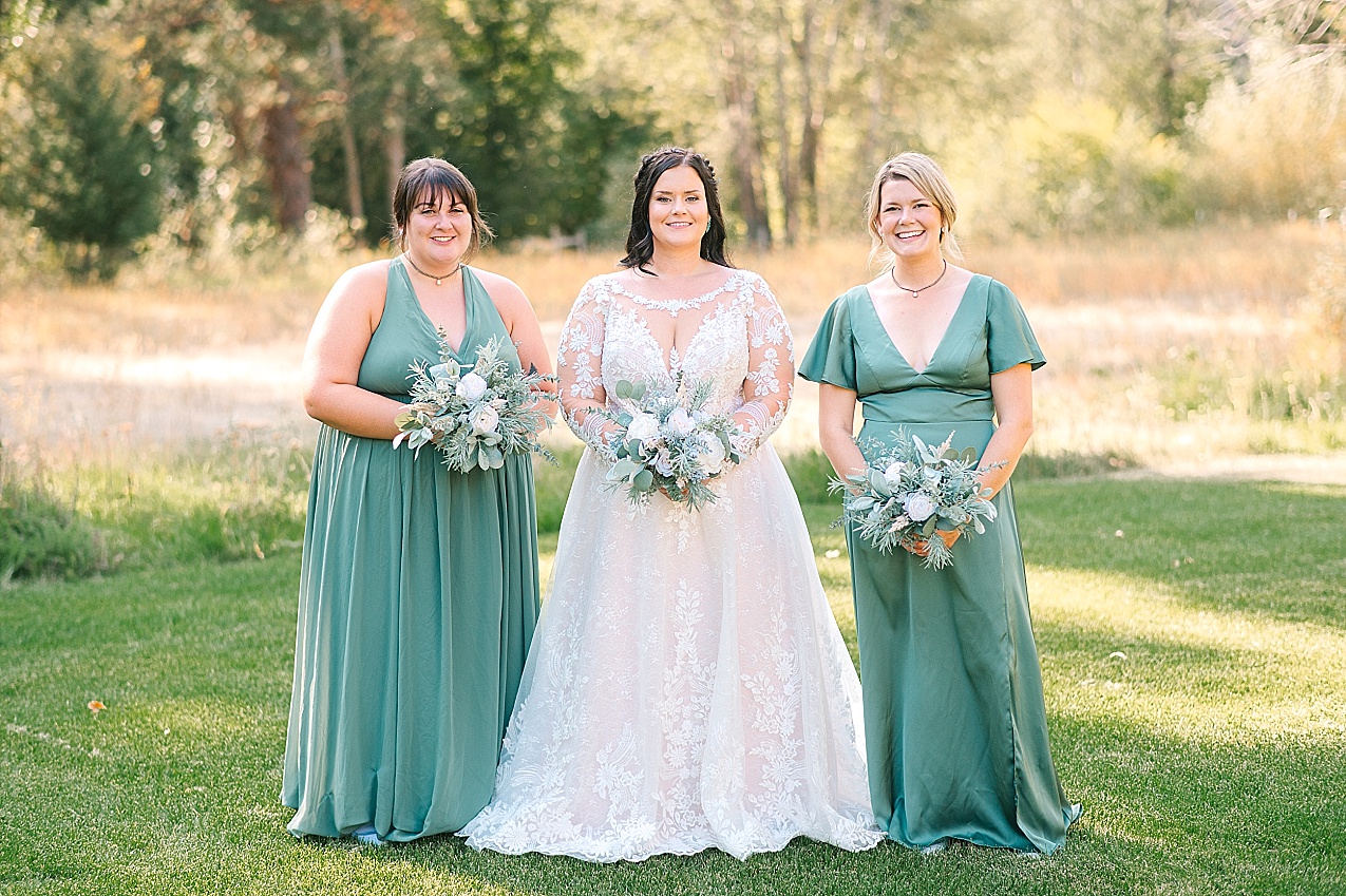 Barn at Blue Meadow Wedding Dayton WA Grant and Fiona bride and bridesmaids in sage green dresses