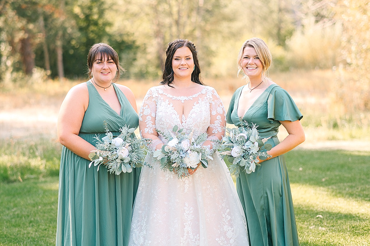 Barn at Blue Meadow Wedding Dayton WA Grant and Fiona bride and bridesmaids in sage green dresses