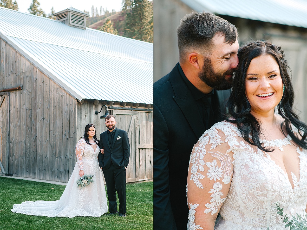 Barn at Blue Meadow Wedding Dayton WA Grant and Fiona bride and groom in front of the barn