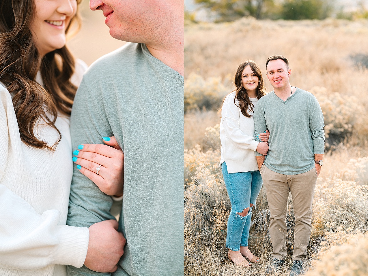 Riverside engagement session couple hugging in the weeds