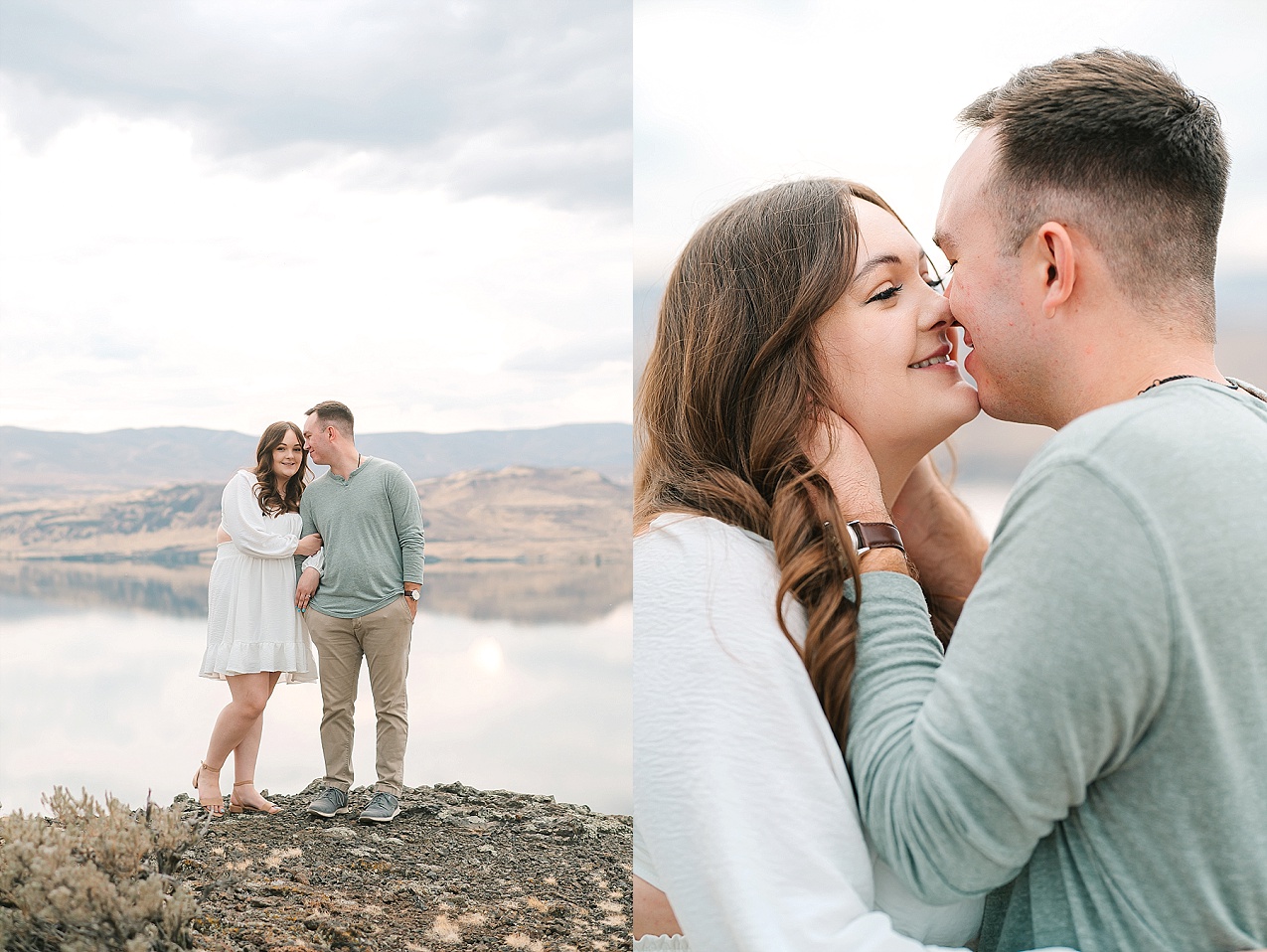 Riverside engagement session couple hugging on a cliff 