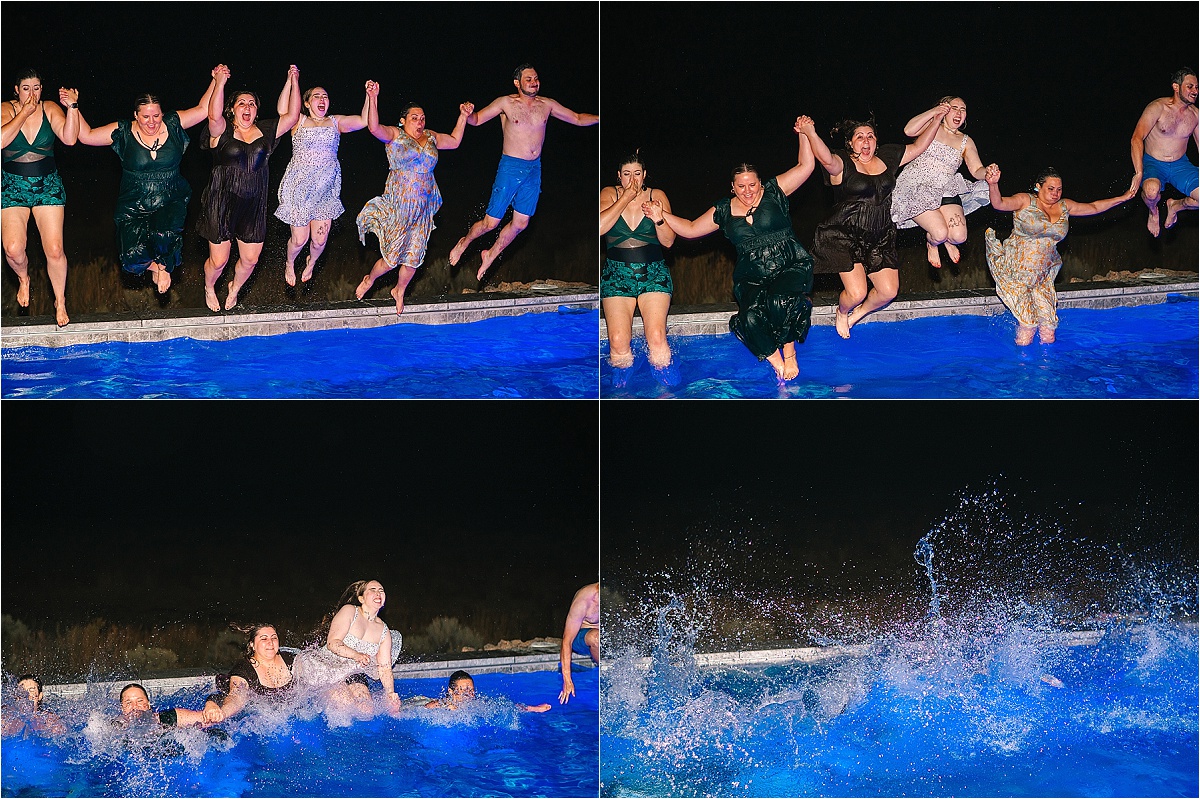 Colorful Two Point Ranch Wedding Soap Lake WA Kirin and Cindy wedding party jumping in pool
