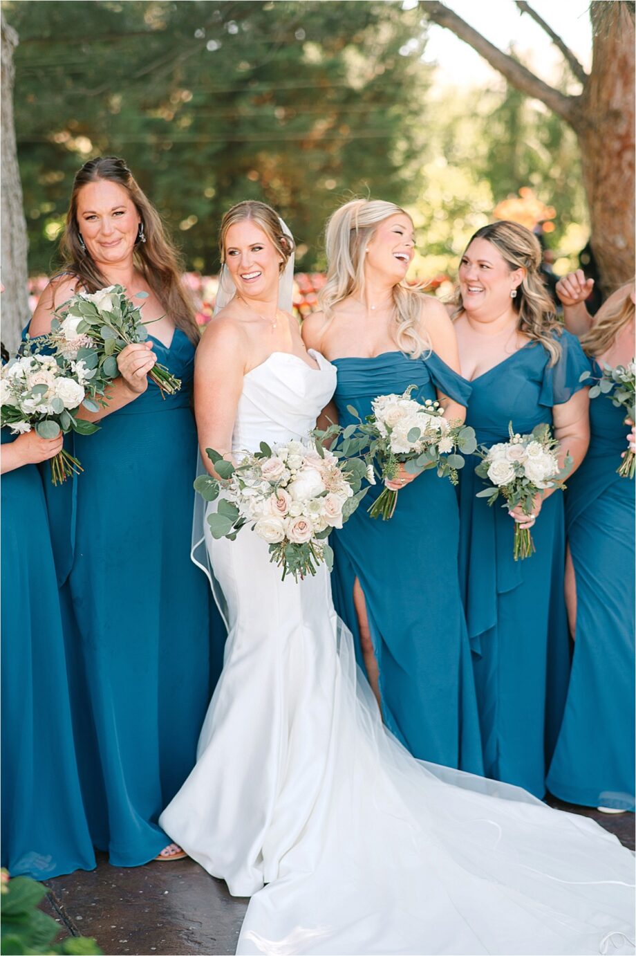 Sugar Pine Barn Wedding Benton City Photographer bridal party in blue dresses