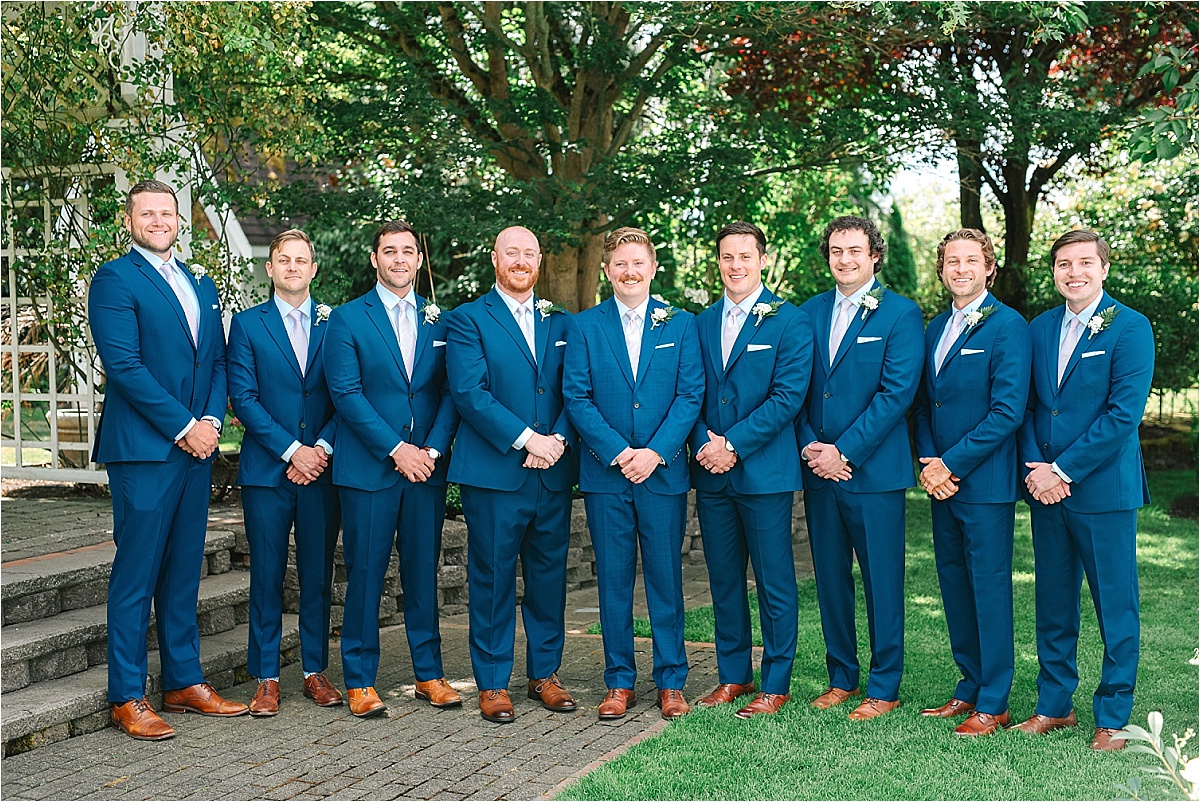 Genesis Farm and Gardens Wedding Enumclaw Bob and Anastasia groom and groomsmen in blue suits